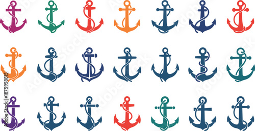 A colorful array of twelve anchors arranged in three rows on a white background