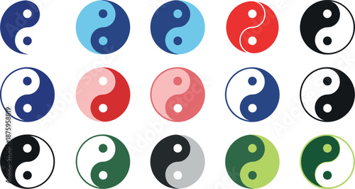 A collection of various colored yin-yang symbols arranged in rows on a white background