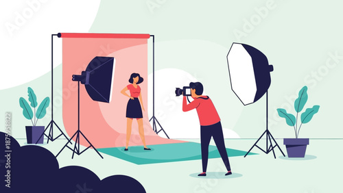 Professional photographer taking a picture of a model in a studio setting.