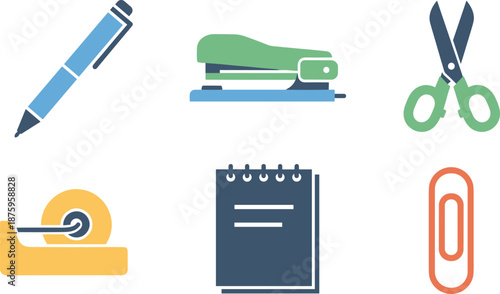 A collection of office and school supplies including a pen stapler scissors tape dispenser notepad and paperclip on a white background