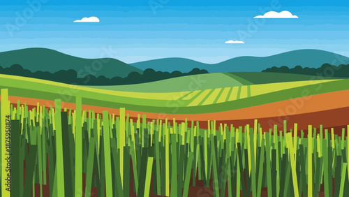 Serene landscape with rolling hills and lush green fields.