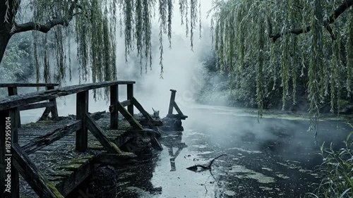 Misty Swamp with Old Wooden Pier and Weeping Willow Trees.
