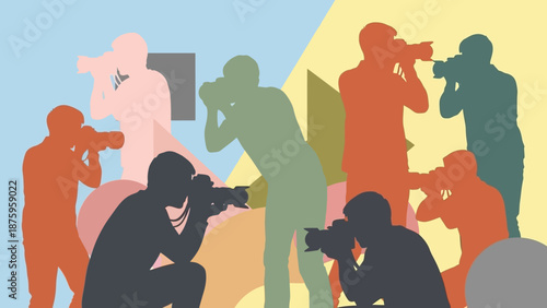 Group of photographers taking pictures in various poses and colors.
