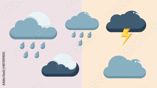 Set of cartoon clouds with rain and thunderstorm.