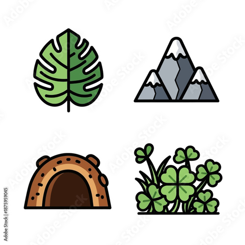 A collection of nature-themed icons featuring a tropical leaf, snow-capped mountains, an animal burrow, and a patch of clovers.