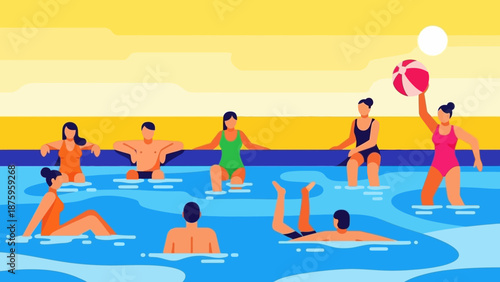 Group of people playing water polo in a swimming pool.