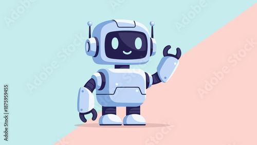 Cartoon robot character with a friendly expression and headphones.