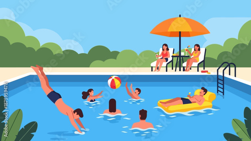 People enjoying a fun day at the swimming pool together.