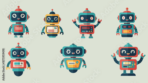 Collection of cartoon robots with various gestures and expressions.