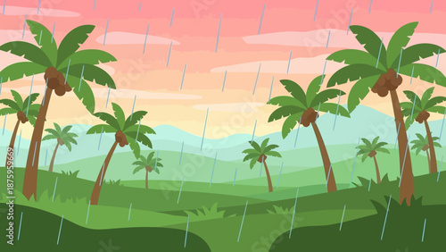 Tropical landscape with palm trees in the rain.