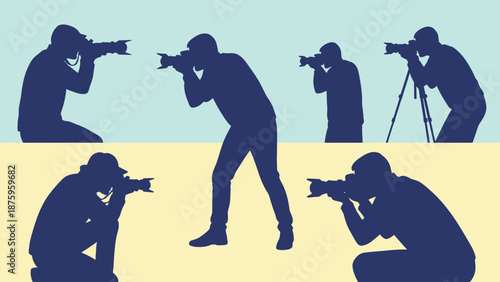 Silhouettes of photographers taking pictures in various poses.
