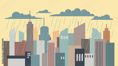 Cityscape with Rainy Weather and Cloudy Sky.