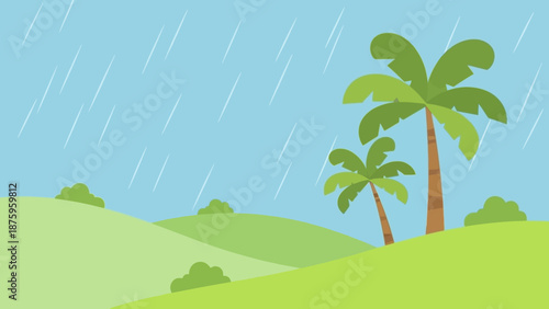 Tropical landscape with palm trees and rain.