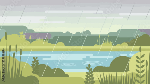 Rainy Day Landscape with Lake and Vegetation.