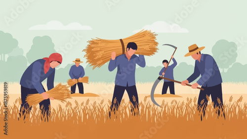 Farmers harvesting crops in a field together manually.