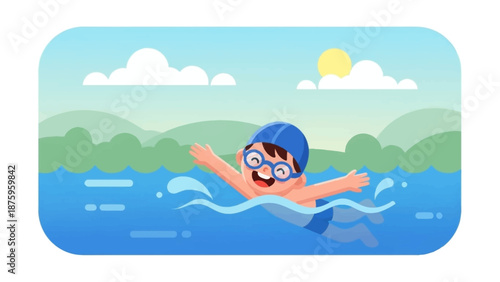 Cartoon illustration of a person swimming in a serene lake.