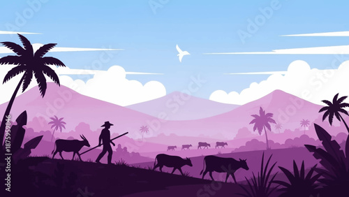 Farmer herding cattle in a serene tropical landscape with mountains.