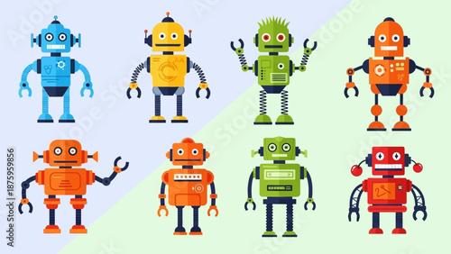 Colorful cartoon robots arranged in a grid pattern on a split background.
