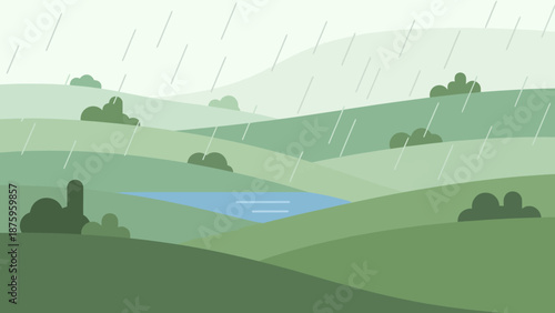 Serene landscape with rolling hills and a pond in the rain.