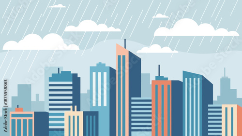 Cityscape with tall buildings and rain clouds in the sky.