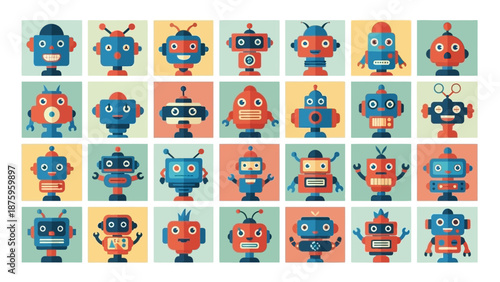 Collection of colorful cartoon robot characters in various designs.