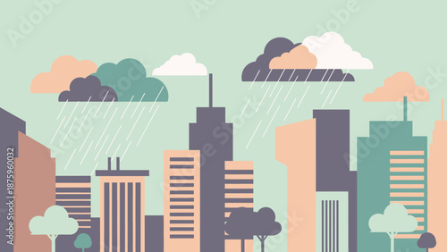 Rainy Cityscape with Modern Buildings and Clouds.