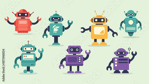 Colorful cartoon robots with various gestures and tools.
