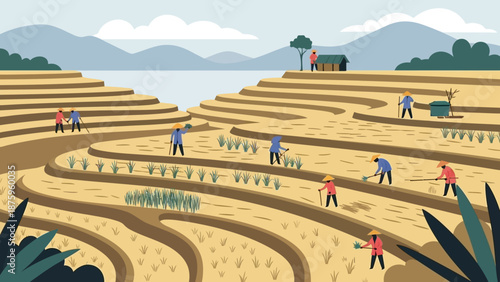 Farmers working in terraced agricultural fields with mountains in the background.