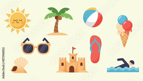 Summer vacation elements including sunglasses, beach ball, and ice cream.