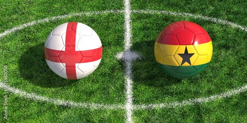 England and Ghana national flags on soccer balls at center of a football field