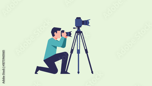 Photographer kneeling and taking a picture with a professional camera on a tripod.