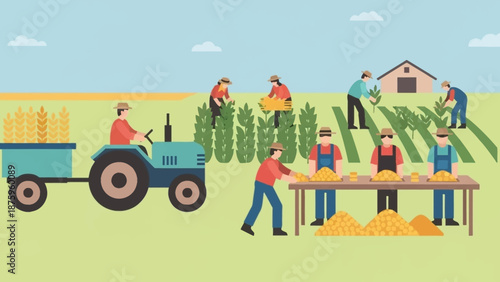 Farmers harvesting crops in a field with a tractor and sorting table.