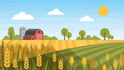 Rural landscape with red barn and wheat field under sunny sky.