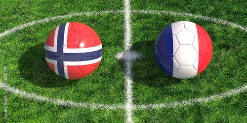 Norway and France national flags on soccer balls at center of a football field