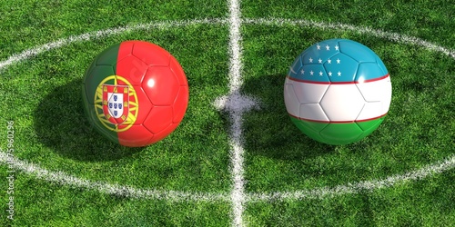 Football balls with Portugal and Uzbekistan flags on grass pitch center circle