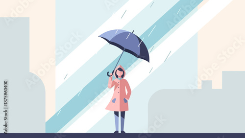 Woman standing alone in the rain with an umbrella in a cityscape.