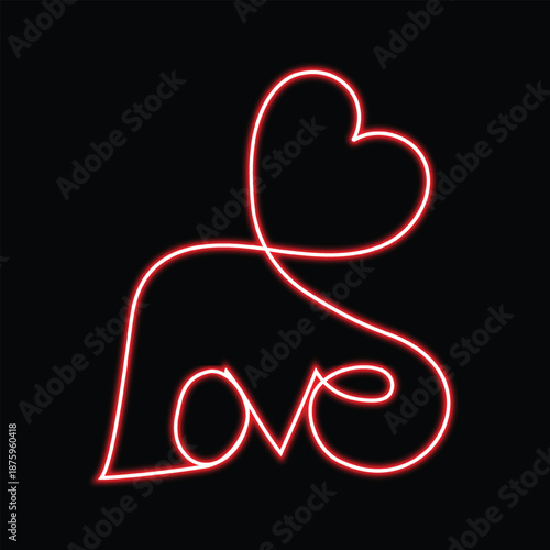 A glowing red neon light forms the word love with an integrated heart shape on a dark background