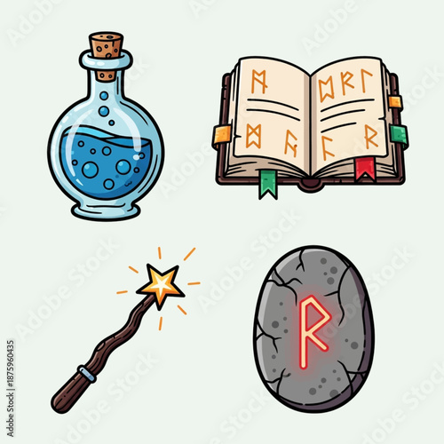A collection of fantasy magic items including a potion bottle, a spellbook, a magic wand, and a runic stone.