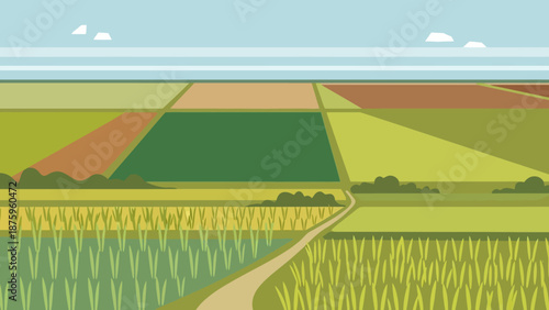Serene countryside landscape with fields and a winding path.