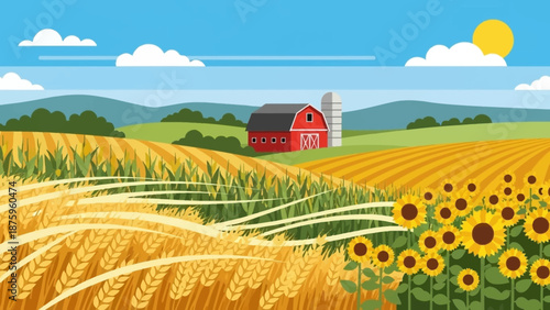 Sunflowers and wheat field with red barn in the background.
