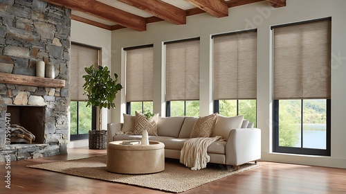Rustic Living Room with Beamed Ceiling and Roller Shades / 梁天井とロールスクリーンのある素朴なリビング