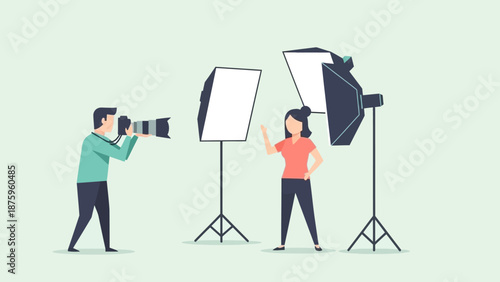 Photographer taking picture of woman in studio with lighting equipment.