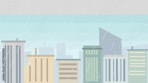Cityscape with Modern Buildings on a Rainy Day.