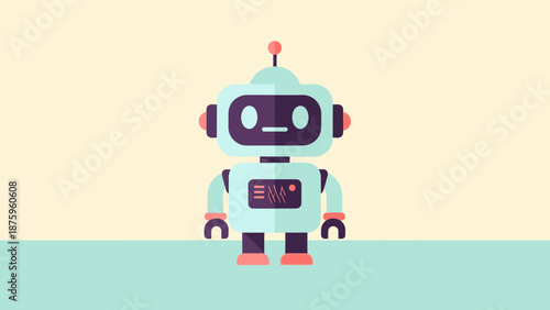 A cartoon robot with a frowning face and orange feet standing on a light blue floor.