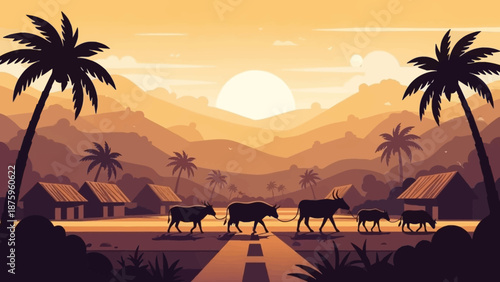 Tropical landscape with cattle and palm trees at sunset.