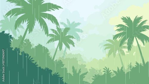 Tropical rainforest landscape with palm trees and foliage in the rain.