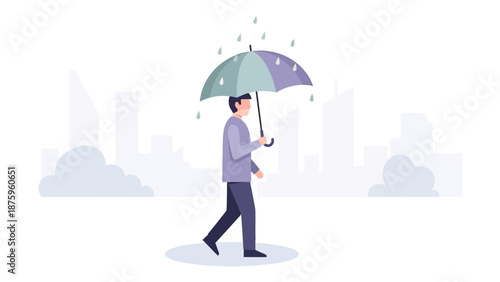 Man walking in the rain with an umbrella in a cityscape.