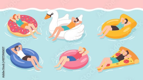 People Relaxing on Inflatable Floats in the Water.