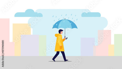Man walking in the rain with umbrella in cityscape.