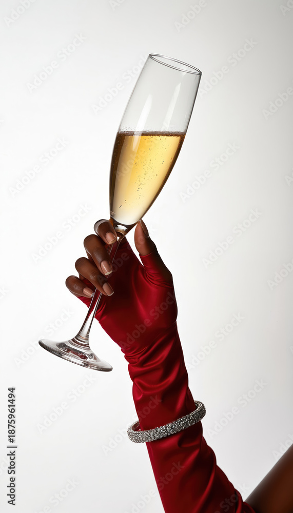 Fototapeta premium Dark skinned hand in red satin glove holds champagne flute. Sparkling wine bubbly drink. Woman wears diamond bracelet, celebrates special event or party.